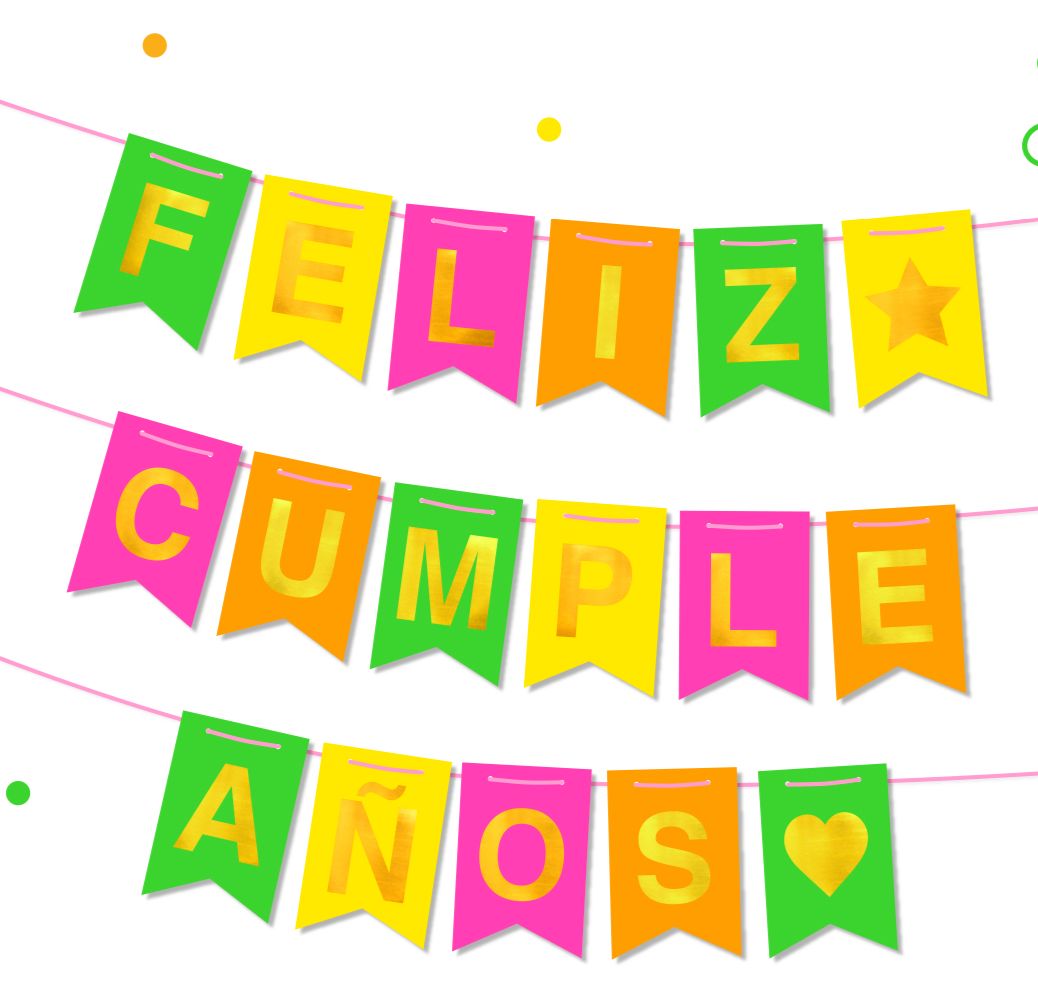 BANDERIN FELIZ CUMPLE FLUO NEON PLENO MULTICOLOR CON STAMPING ORO X 1